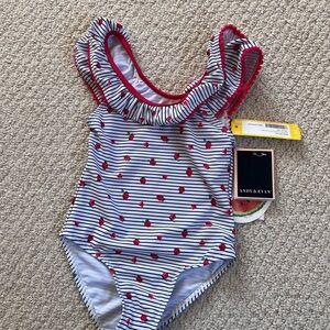 NWT - 4T - Andy & Evan White and Navy Stripe Swimsuit with Red Strawberry Print